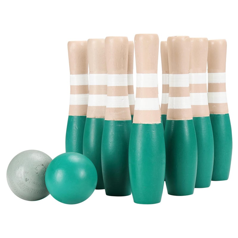 Sterling Sports Wooden Lawn Bowling 9" Skittles Set with Carrying Mesh Bag for Indoors and Outdoors - 10 Wooden Pins and 2 Balls, Green/Turquoise and Gray - Image 1